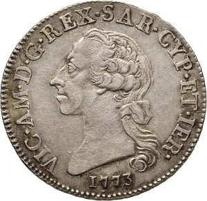 Vittorio Amedeo III di Savoia 1773 1796 Regno di Sardegna Monetazione per la Sardegna Mezzo scudo da 5 reali 1773 1793 Scudo a cartoccio 33 34 mm 11,32 11,69 g Ag dritto