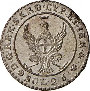 Vittorio Emanuele I di Savoia 1802 1821 Regno di Sardegna Periodo anteriore alla riforma decimale del 1816 2,6 soldi 1814 1815 Aquila spiegata 19 20 mm 2,45 2,60 g Mi rovescio