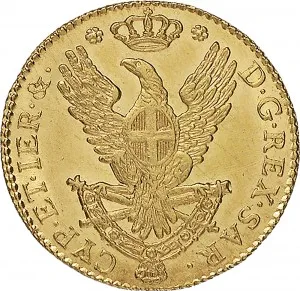 Vittorio Emanuele I di Savoia 1802 1821 Regno di Sardegna Periodo anteriore alla riforma decimale del 1816 Doppia da 4 scudi 1814 Aquila spiegata 1 tipo 25 mm 9,12 9,20 g Au rovescio