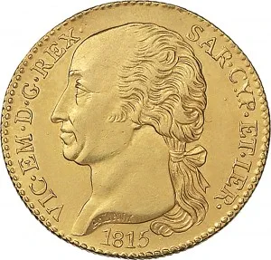 Vittorio Emanuele I di Savoia 1802 1821 Regno di Sardegna Periodo anteriore alla riforma decimale del 1816 Doppia da 4 scudi 1815 Aquila spiegata 2 tipo 25 mm 9,12 9,20 g Au dritto