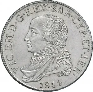 Vittorio Emanuele I di Savoia 1802 1821 Regno di Sardegna Periodo anteriore alla riforma decimale del 1816 Mezzo scudo da 3 lire 1814 Scudo rotondo 1 tipo 36,5 37,0 mm 17,5 17,6 g Ag dritto