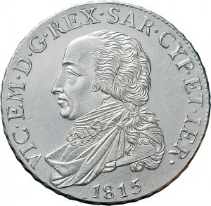 Vittorio Emanuele I di Savoia 1802 1821 Regno di Sardegna Periodo anteriore alla riforma decimale del 1816 Mezzo scudo da 3 lire 1815 Scudo rotondo 2 tipo 36,0 36,5 mm 17,58 17,60 g Ag dritto