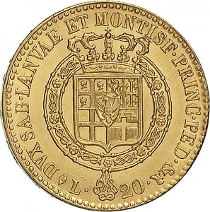 Vittorio Emanuele I di Savoia 1802 1821 Regno di Sardegna Periodo posteriore alla riforma decimale del 1816 20 lire 1816 1820 Scudo sannitico 1 tipo 21 mm 6,40 6,45 g Au rovescio