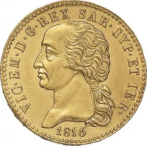 Vittorio Emanuele I di Savoia 1802 1821 Regno di Sardegna Periodo posteriore alla riforma decimale del 1816 20 lire 1816 1820 Scudo sannitico 1 tipo 21 mm 6,40 6,45 g Au dritto