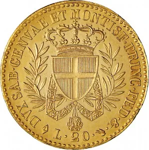 Vittorio Emanuele I di Savoia 1802 1821 Regno di Sardegna Periodo posteriore alla riforma decimale del 1816 20 lire 1821 Scudo triangolare 2 tipo 21,0 21,8 mm 6,42 6,45 g Au rovescio