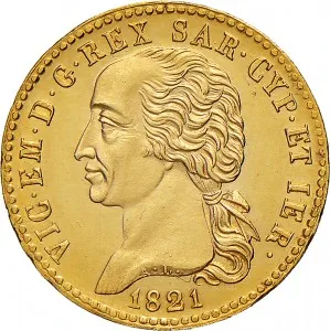Vittorio Emanuele I di Savoia 1802 1821 Regno di Sardegna Periodo posteriore alla riforma decimale del 1816 20 lire 1821 Scudo triangolare 2 tipo 21,0 21,8 mm 6,42 6,45 g Au dritto