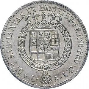 Vittorio Emanuele I di Savoia 1802 1821 Regno di Sardegna Periodo posteriore alla riforma decimale del 1816 5 lire 1816 1820 Scudo sannitico 1 tipo 37 mm 24,8 25,0 g Ag rovescio