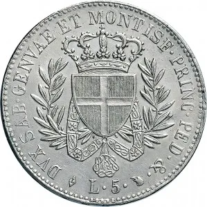 Vittorio Emanuele I di Savoia 1802 1821 Regno di Sardegna Periodo posteriore alla riforma decimale del 1816 5 lire 1821 Scudo triangolare 2 tipo 37 mm 25 g Ag rovescio
