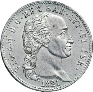 Vittorio Emanuele I di Savoia 1802 1821 Regno di Sardegna Periodo posteriore alla riforma decimale del 1816 5 lire 1821 Scudo triangolare 2 tipo 37 mm 25 g Ag dritto