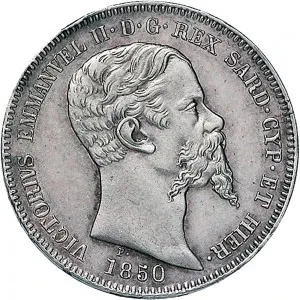 Vittorio Emanuele II di Savoia 1849 1861 Regno di Sardegna 1 lira 1850 1860 Scudo sannitico 23 mm 4,76 5,02 g Ag dritto