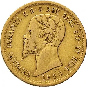 Vittorio Emanuele II di Savoia 1849 1861 Regno di Sardegna 10 lire 1850 1860 Scudo sannitico 18 mm 3,18 3,23 g Au dritto