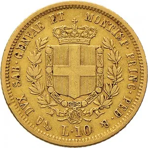 Vittorio Emanuele II di Savoia 1849 1861 Regno di Sardegna 10 lire 1850 1860 Scudo sannitico 18 mm 3,18 3,23 g Au rovescio