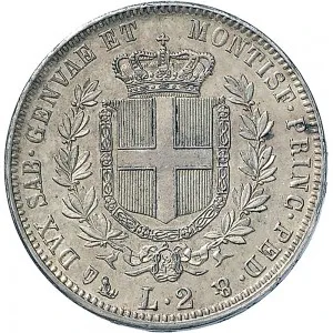 Vittorio Emanuele II di Savoia 1849 1861 Regno di Sardegna 2 lire 1850 1860 Scudo sannitico 27 mm 9,55 10,03 g Ag rovescio
