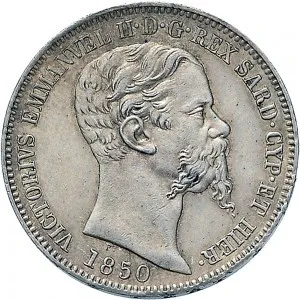 Vittorio Emanuele II di Savoia 1849 1861 Regno di Sardegna 2 lire 1850 1860 Scudo sannitico 27 mm 9,55 10,03 g Ag dritto