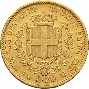 Vittorio Emanuele II di Savoia 1849 1861 Regno di Sardegna 20 lire 1850 1861 Scudo sannitico 21 mm 6,32 6,45 g Au rovescio