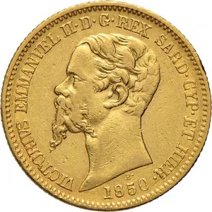 Vittorio Emanuele II di Savoia 1849 1861 Regno di Sardegna 20 lire 1850 1861 Scudo sannitico 21 mm 6,32 6,45 g Au dritto