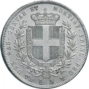 Vittorio Emanuele II di Savoia 1849 1861 Regno di Sardegna 5 lire 1850 1861 Scudo sannitico 37 mm 24,66 25,05 g Ag rovescio