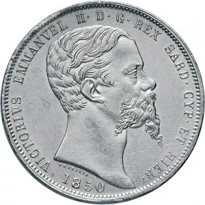 Vittorio Emanuele II di Savoia 1849 1861 Regno di Sardegna 5 lire 1850 1861 Scudo sannitico 37 mm 24,66 25,05 g Ag dritto