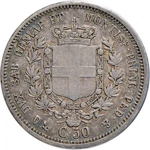 Vittorio Emanuele II di Savoia 1849 1861 Regno di Sardegna 50 centesimi 1850 1861 Scudo sannitico 18 mm 2,31 2,50 g Ag rovescio