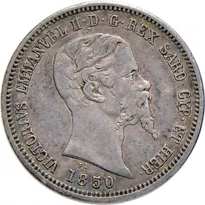 Vittorio Emanuele II di Savoia 1849 1861 Regno di Sardegna 50 centesimi 1850 1861 Scudo sannitico 18 mm 2,31 2,50 g Ag dritto