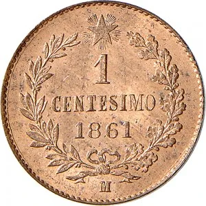 Vittorio Emanuele II di Savoia 1861 1878 Regno d'Italia 1 centesimo 1861 1867 Valore entro semicorona di alloro e quercia 15 mm 1,00 1,02 g rovescio