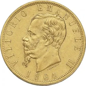 Vittorio Emanuele II di Savoia 1861 1878 Regno d'Italia 100 lire 1864 1878 Scudo sannitico 34 mm 32,20 32,25 g Au dritto