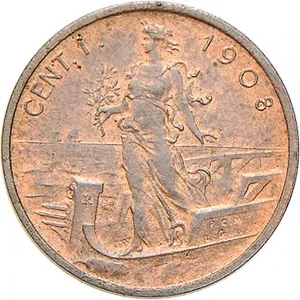 Vittorio Emanuele III di Savoia 1900 1936 Re Regno d'Italia 1 centesimo 1908 1918 Italia marinara 15 mm 0,985 1,015 g rovescio