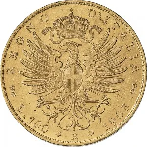 Vittorio Emanuele III di Savoia 1900 1936 Re Regno d'Italia 100 lire 1903 1905 Aquila spiegata 35 mm 32,22 32,25 g Au rovescio