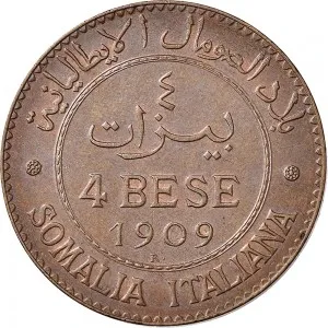 Vittorio Emanuele III di Savoia 1900 1936 Re Somalia Italiana Periodo anteriore alla riforma monetaria del 1925 4 bese 1909 1924 Valore 30 mm 9,89 10,10 g rovescio
