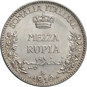 Vittorio Emanuele III di Savoia 1900 1936 Re Somalia Italiana Periodo anteriore alla riforma monetaria del 1925 Mezza rupia 1910 1919 Valore 24 mm 5,759 5,847 g Ag rovescio