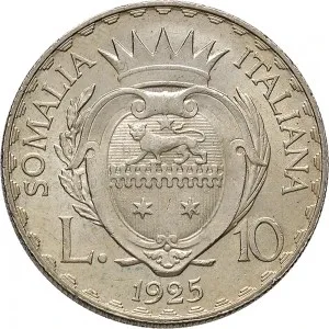 Vittorio Emanuele III di Savoia 1900 1936 Re Somalia Italiana Periodo posteriore alla riforma monetaria del 1925 10 lire 1925 Scudo a cuore 28 mm 11,94 12,06 g Ag rovescio
