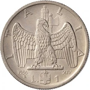 Vittorio Emanuele III di Savoia 1936 1943 Re e Imperatore Regno d'Italia 1 lira 1936 Anno XIV 1938 Anno XVII Aquila romana 1 tipo 26,5 mm 7,92 8,08 g Ni rovescio