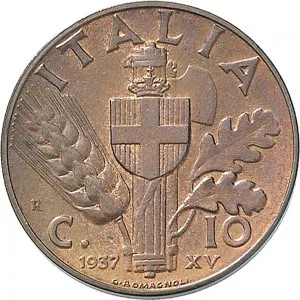 Vittorio Emanuele III di Savoia 1936 1943 Re e Imperatore Regno d'Italia 10 Centesimi