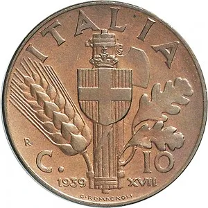 Vittorio Emanuele III di Savoia 1936 1943 Re e Imperatore Regno d'Italia 10 Centesimi