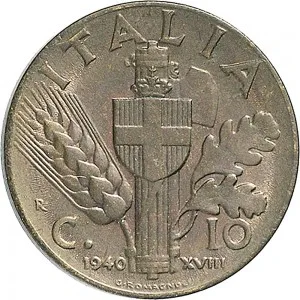 Vittorio Emanuele III di Savoia 1936 1943 Re e Imperatore Regno d'Italia 10 Centesimi