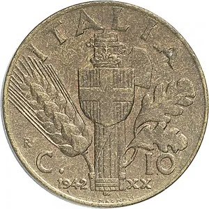 Vittorio Emanuele III di Savoia 1936 1943 Re e Imperatore Regno d'Italia 10 Centesimi