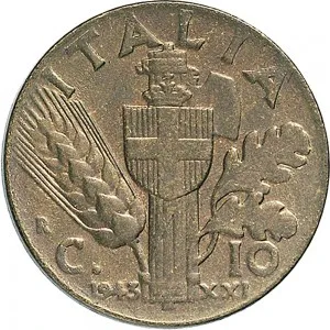 Vittorio Emanuele III di Savoia 1936 1943 Re e Imperatore Regno d'Italia 10 Centesimi