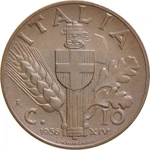 Vittorio Emanuele III di Savoia 1936 1943 Re e Imperatore Regno d'Italia 10 Centesimi 1936 Anno XIV 1939 Anno XVII Scudo semirotondo 1 tipo 22,5 mm 5,319 5,481 g rovescio