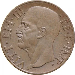 Vittorio Emanuele III di Savoia 1936 1943 Re e Imperatore Regno d'Italia 10 Centesimi 1936 Anno XIV 1939 Anno XVII Scudo semirotondo 1 tipo 22,5 mm 5,319 5,481 g dritto