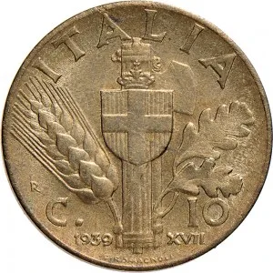 Vittorio Emanuele III di Savoia 1936 1943 Re e Imperatore Regno d'Italia 10 Centesimi 1939 Anno XVII 1943 Anno XXI Scudo semirotondo 2 tipo 22,5 mm 4,165 5,636 g Ba rovescio