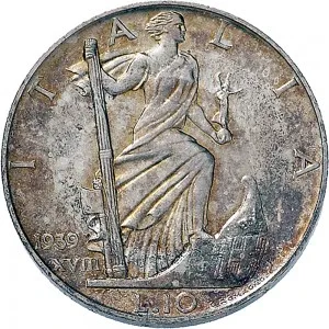 Vittorio Emanuele III di Savoia 1936 1943 Re e Imperatore Regno d'Italia 10 lire