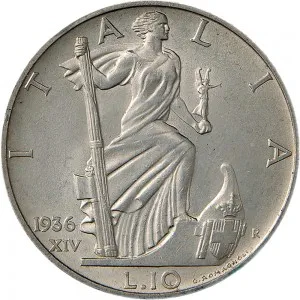 Vittorio Emanuele III di Savoia 1936 1943 Re e Imperatore Regno d'Italia 10 lire 1936 Anno XIV 1941 Anno XX Italia marinara 27 mm 9,452 10,050 g Ag rovescio