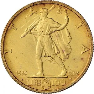 Vittorio Emanuele III di Savoia 1936 1943 Re e Imperatore Regno d'Italia 100 lire 1936 Anno XIV Littore 1 tipo 23,5 mm 8,742 8,812 g Au rovescio