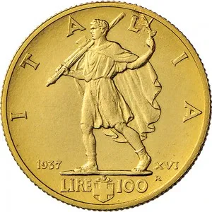 Vittorio Emanuele III di Savoia 1936 1943 Re e Imperatore Regno d'Italia 100 lire 1937 Anno XVI 1940 Anno XVIII Littore 2 tipo 20,7 mm 5,160 5,207 g Au rovescio