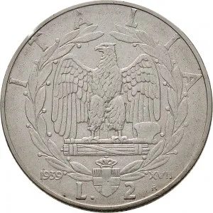 Vittorio Emanuele III di Savoia 1936 1943 Re e Imperatore Regno d'Italia 2 lire