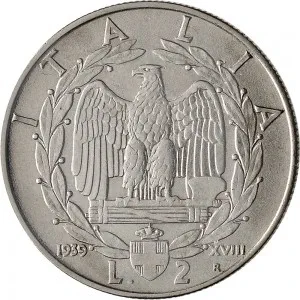 Vittorio Emanuele III di Savoia 1936 1943 Re e Imperatore Regno d'Italia 2 lire