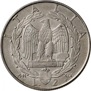 Vittorio Emanuele III di Savoia 1936 1943 Re e Imperatore Regno d'Italia 2 lire