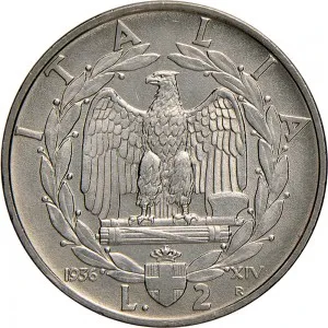Vittorio Emanuele III di Savoia 1936 1943 Re e Imperatore Regno d'Italia 2 lire 1936 Anno XIV 1938 Anno XVII Aquila romana 1 tipo 29 mm 9,9 10,1 g Ni rovescio