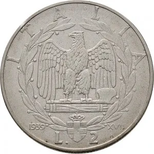 Vittorio Emanuele III di Savoia 1936 1943 Re e Imperatore Regno d'Italia 2 lire 1939 Anno XVII 1943 Anno XXI Aquila romana 2 tipo 29,1 mm 9,8 10,2 g Ac rovescio