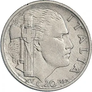 Vittorio Emanuele III di Savoia 1936 1943 Re e Imperatore Regno d'Italia 20 centesimi